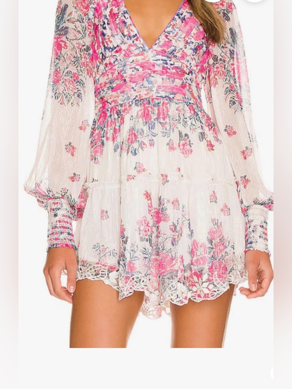 Hemant & Nandita Floral Pink & White V-Neck Long Sleeve dress size xs